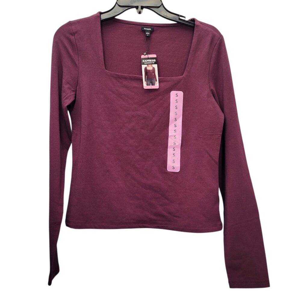 Express Women's Square Neck Long Sleeve Top Burgundy Stretch Fitted Size Small